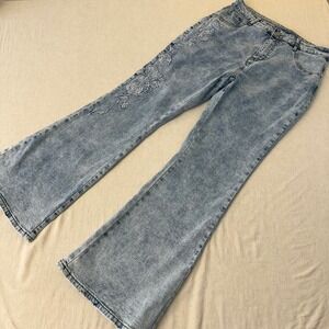 Women Acid Wash Floral Embroidered Flare Jeans Light Blue High Rise Fits 8-10